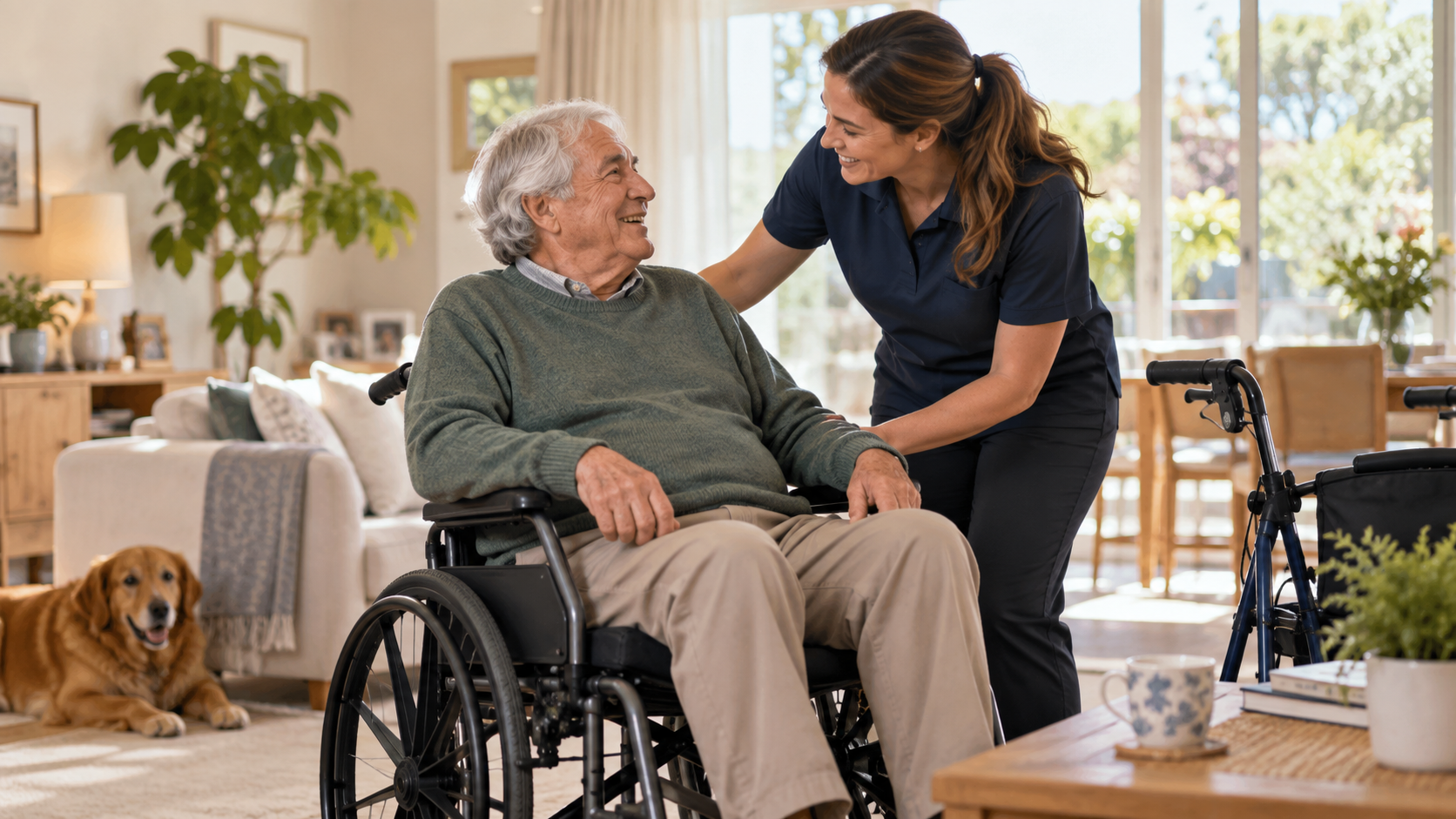 Support worker assisting an older adult using a wheelchair with a walker nearby